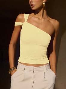 New Arrival European & US Style Women Sleeveless Asymmetrical Design Fitted Chic Top, Sexy Body Flattering Blouse - Yellow - View 3
