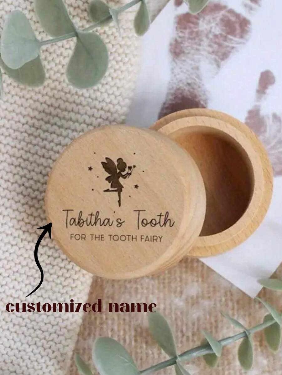 1 Pc Customized Tooth Fairy Box Teeth Memorial Round Wooden Box, Personalized Name 3D Carved Gift For Boys And Girls - Brown - View 1
