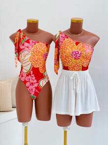Women's Printed Macaw Bodysuit Summer One-Shoulder Top With Single Strap - 紅色和橙色的花朵 - 查看 2