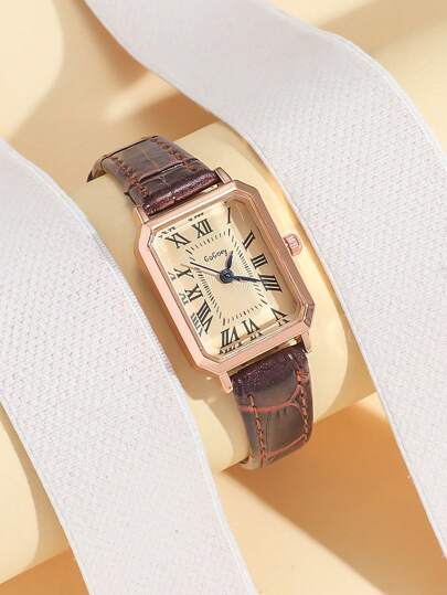 1pc Teenager/Student Square Roman Numeral Dial Leather Band Quartz Watch, Suitable For Birthday, Anniversary, Halloween Gifts, Year-End Promotion