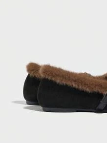 Mocassins femininos de camurça macia com forro de pele, mocassins planos com forro térmico quente, sapatos casuais para ambientes internos com pele de coelho espessada