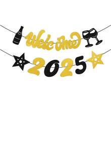 欢迎 2025 标志新年派对横幅，闪光香槟星装饰庆祝 2025 年新年悬挂花环彩旗装饰，新年派对背景用品 - 彩色 - 查看 13