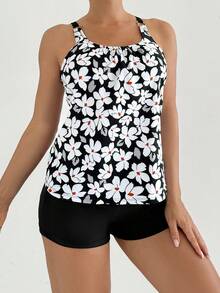 Women's Casual Round Neck Camisole Swimsuit, Featuring Ruched Bust, Open Back Design, Paired With Leaf Print Top And Shorts For An Elegant Swimwear Look - Black - View 7