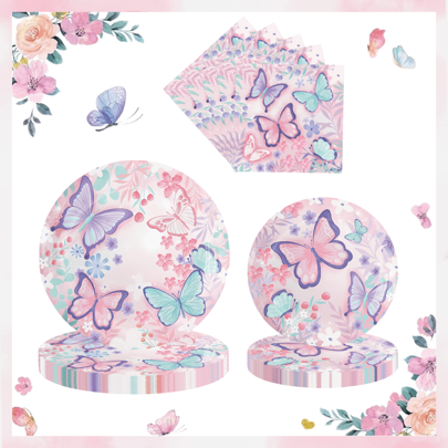 Conjunto de utensílios de mesa descartáveis de papel borboleta rosa para decoração de mesa, pratos de papel e guardanapos de flores de fada borboleta de 7"/9", suprimentos para festa de aniversário de menina, Natal, refeições em família, piqueniques, promoção de churrasco