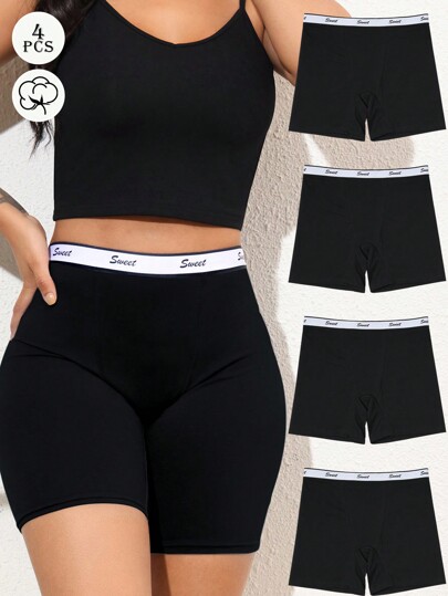 4 Parça Siyah Yüksek Bel Uzun Pamuklu Şort, Kadınlar İçin Günlük Rahat Giyim