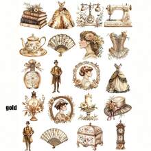 1 包复古中世纪绅士与少女装饰贴纸，创意复古中世纪绅士与少女手工贴纸，适用于剪贴簿、日记、相册、照片、学校 DIY、装饰文具用品 - 金色 - 查看 2