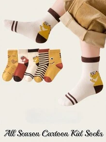 10prs Cute Autumn/Winter Dinosaur & Plaid Bear Cartoon Patterned Crew Socks, For Boys And Girls