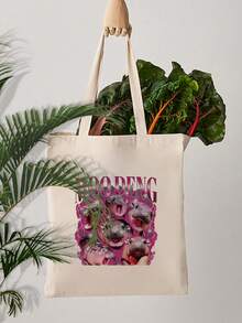 VOESETO 1 件 Moo Deng 河马图案托特包单肩包适合旅行日常通勤女士可重复使用购物袋，送给她的最佳礼物，折叠单肩包夏季海滩度假包 - 米色 - 查看 5