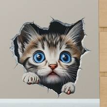 1 件创意 3D 墙壁破壁贴花，撕下即可粘贴可爱猫咪墙贴，可移除动物墙贴适用于浴室卧室客厅办公室居家房间装饰 - 彩色 - 查看 1