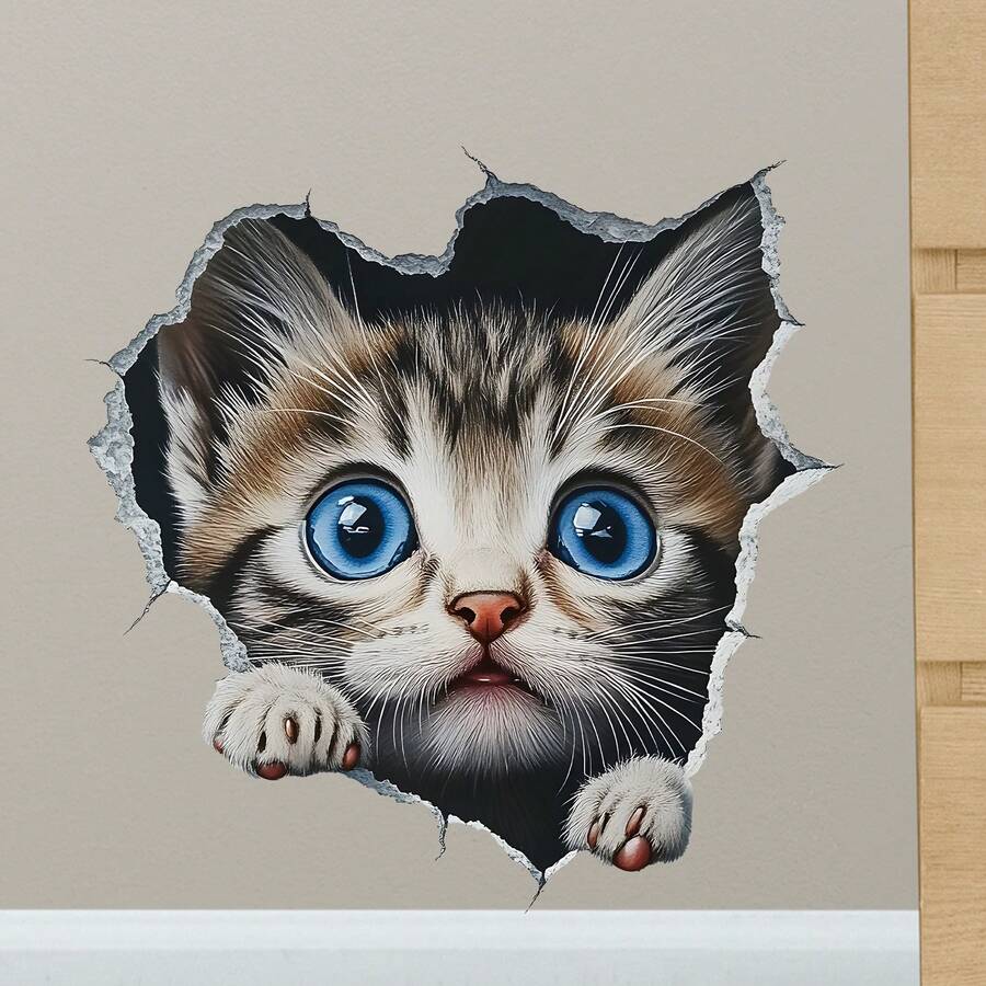 1 件创意 3D 墙壁破壁贴花，撕下即可粘贴可爱猫咪墙贴，可移除动物墙贴适用于浴室卧室客厅办公室居家房间装饰 - 彩色 - 查看 1