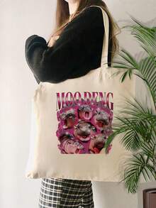 VOESETO 1 件 Moo Deng 河马图案托特包单肩包适合旅行日常通勤女士可重复使用购物袋，送给她的最佳礼物，折叠单肩包夏季海滩度假包 - 米色 - 查看 3