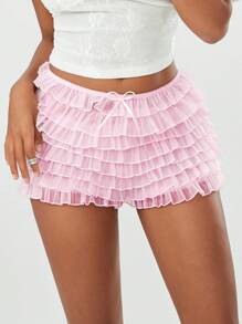 Women's Summer Ruffled Frilly Shorts, Multi-Layer Mesh Short Pants Sweet Cute Bloomers - Pink - View 3