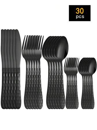 5/20/30件不锈钢餐具套装，包含牛排刀、叉、勺、甜点叉和甜点勺，适用于家庭、酒店和餐厅、学校用品