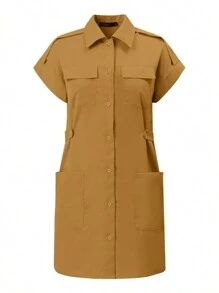 ZANZEA Women Lapel Neck Buttons Short Sleeve Pockets Tunic Dress Casual Cargo Short Dresses - màu nâu - Xem 3
