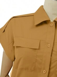 ZANZEA Women Lapel Neck Buttons Short Sleeve Pockets Tunic Dress Casual Cargo Short Dresses - màu nâu - Xem 6