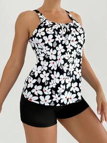 Women's Casual Round Neck Camisole Swimsuit, Featuring Ruched Bust, Open Back Design, Paired With Leaf Print Top And Shorts For An Elegant Swimwear Look - Black - View 3