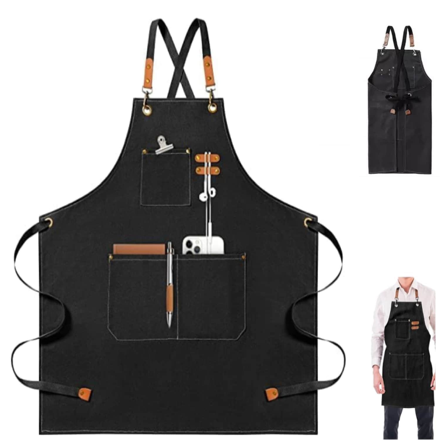 Delantales de Cocina, Delantales de Chef con Correa Ajustable, Mandil Parrillero,Delantal para barbacoa, delantal impermeable para cocina, delantal de mezclilla, delantal con ribete y bolsillo deslizante para barbacoa, camarero, barbería,Delantal de Cocina con Bolsillos para Mujeres Hombres, chef mandil de Bartender, Adecuado para Restaurante,Hogar,Barbacoa,Jardinería - Negro - Ver 1