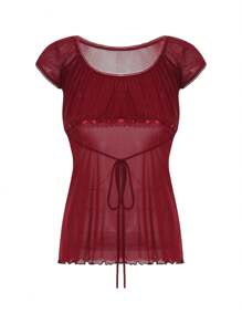 Y2K Fairy Grunge Crop Top For Women Short Sleeve Lace Patchwork T-Shirt Aesthetic Slim Fit Cute Babydoll Top Tees - 紅色 - 查看 1