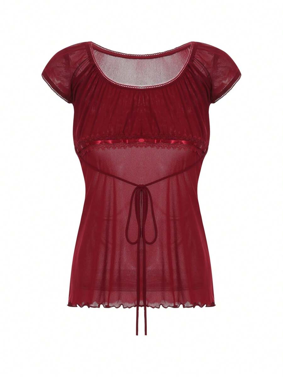 Y2K Fairy Grunge Crop Top For Women Short Sleeve Lace Patchwork T-Shirt Aesthetic Slim Fit Cute Babydoll Top Tees - 紅色 - 查看 1