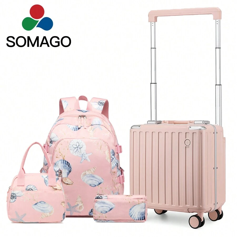 SOAMGO Aluminum Frame 18" Carry On Luggage With 3 Pcs Backpack Set Wide Handle Suitcase Built-In Double TSA Locks Hardside Lightweight PC Travel Suitcase With Spinner Wheels - Pink - View 1