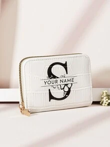 定制姓名签名鳄鱼印花字母花朵图案时尚多卡位钱包，短款钱包，适合情人节、母亲节、生日礼物，女士钱包和包包，本地潮流 - 白色 - 查看 7