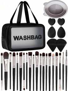 28件套化妆海绵和化妆刷套装，包含：20支化妆刷（面部刷、眼影刷、眉刷、粉底刷、腮红刷、晕染刷、遮瑕刷、唇刷、细节刷、鼻影刷、眼线刷、散粉刷、指甲刷、面膜刷、泥面膜刷）、1个化妆刷清洁碗、2个化妆海绵、2个三角粉扑、2个迷你心形化妆海绵、1个化妆包。价格实惠，适合作为圣诞礼物、化妆品、化妆工具、平价好物、礼品、女士礼品、圣诞礼物、赠品、旅行必备。 - 黑色 - 查看 1