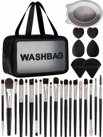 28件套化妆海绵和化妆刷套装，包含：20支化妆刷（面部刷、眼影刷、眉刷、粉底刷、腮红刷、晕染刷、遮瑕刷、唇刷、细节刷、鼻影刷、眼线刷、散粉刷、指甲刷、面膜刷、泥面膜刷）、1个化妆刷清洁碗、2个化妆海绵、2个三角粉扑、2个迷你心形化妆海绵、1个化妆包。价格实惠，适合作为圣诞礼物、化妆品、化妆工具、平价好物、礼品、女士礼品、圣诞礼物、赠品、旅行必备。