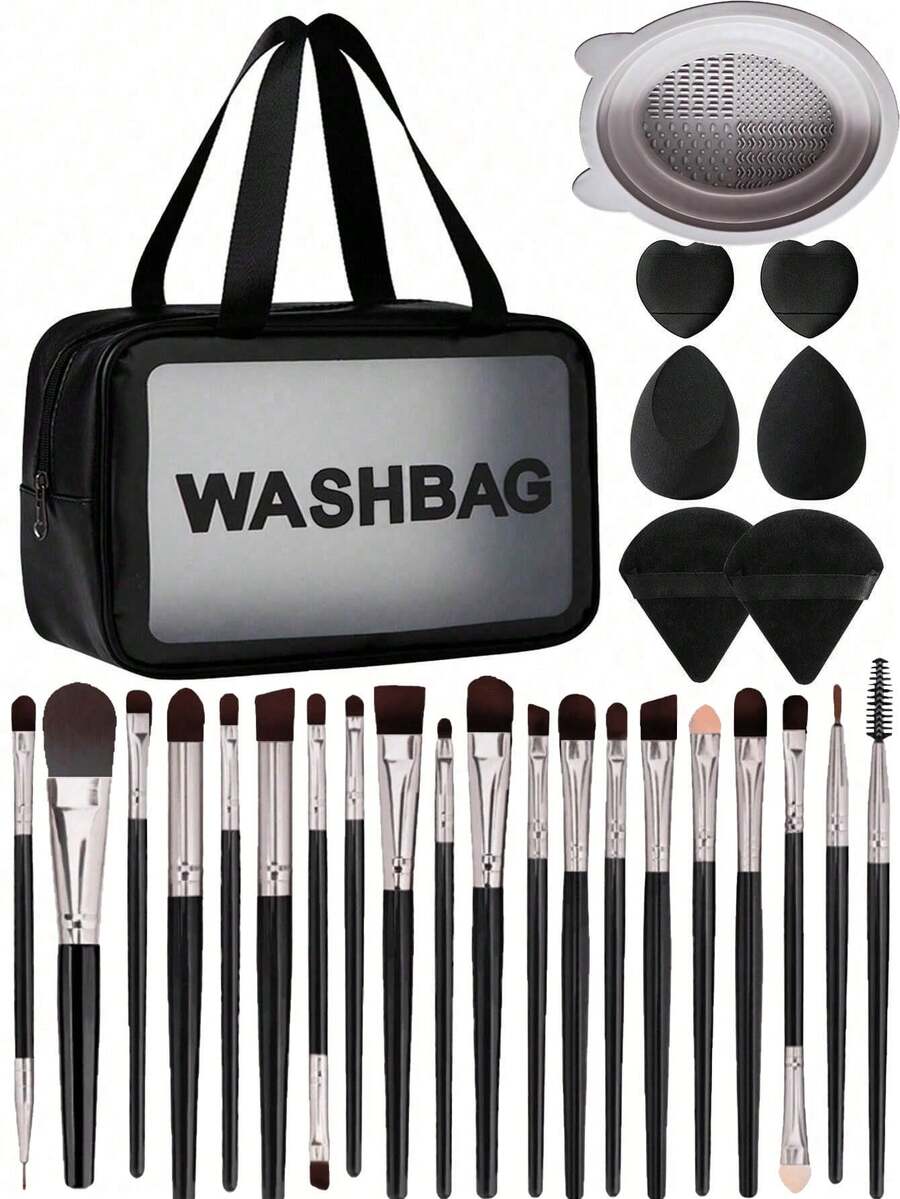 28件套化妆海绵和化妆刷套装，包含：20支化妆刷（面部刷、眼影刷、眉刷、粉底刷、腮红刷、晕染刷、遮瑕刷、唇刷、细节刷、鼻影刷、眼线刷、散粉刷、指甲刷、面膜刷、泥面膜刷）、1个化妆刷清洁碗、2个化妆海绵、2个三角粉扑、2个迷你心形化妆海绵、1个化妆包。价格实惠，适合作为圣诞礼物、化妆品、化妆工具、平价好物、礼品、女士礼品、圣诞礼物、赠品、旅行必备。 - 黑色 - 查看 1