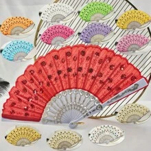 D EXCEED 1 件女士折扇，手工制作优雅彩色刺绣花朵孔雀图案亮片面料折扇（多色）