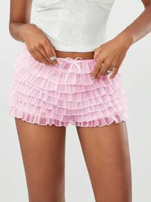 Women's Summer Ruffled Frilly Shorts, Multi-Layer Mesh Short Pants Sweet Cute Bloomers - Pink - View 5