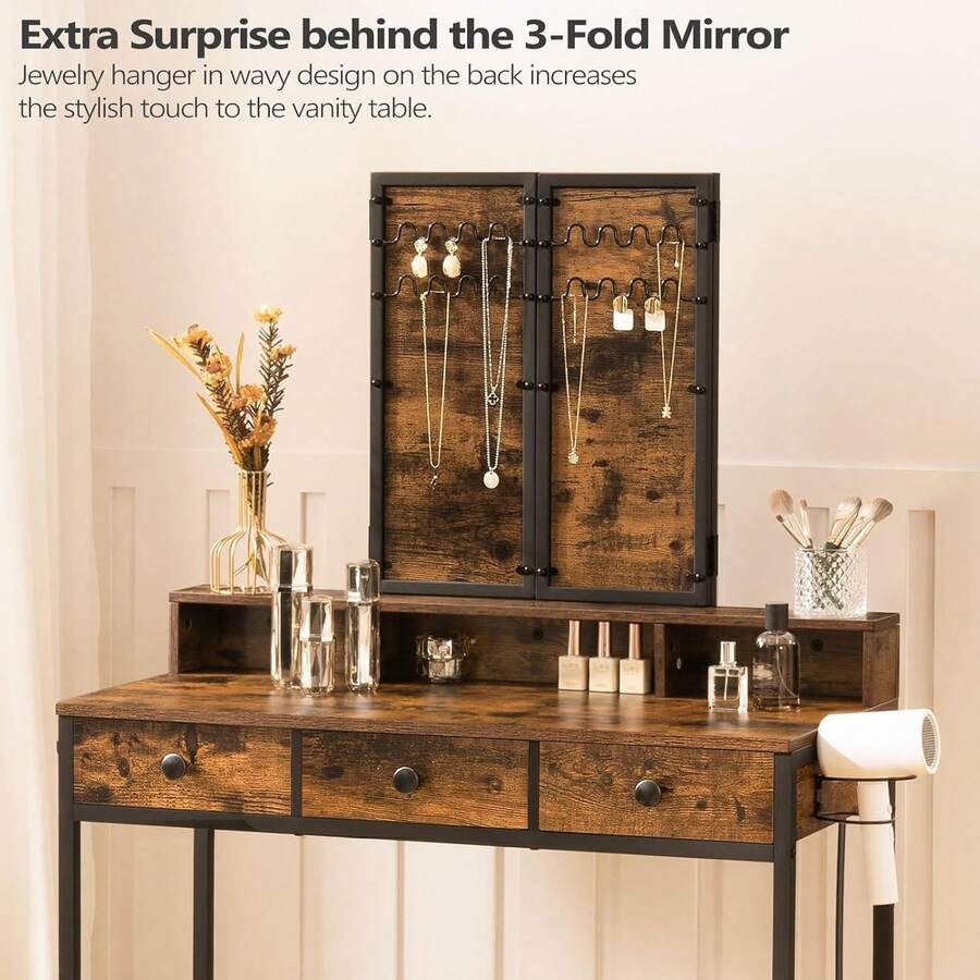 Vanity Desk With LED Lighted Mirror And Power Outlet, Makeup Vanity