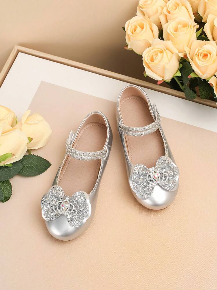 1 par de zapatos para niños con suela de goma antideslizante y decoración de corona de mariposa, apropiados para todas las estaciones - Plateado - Añade 3