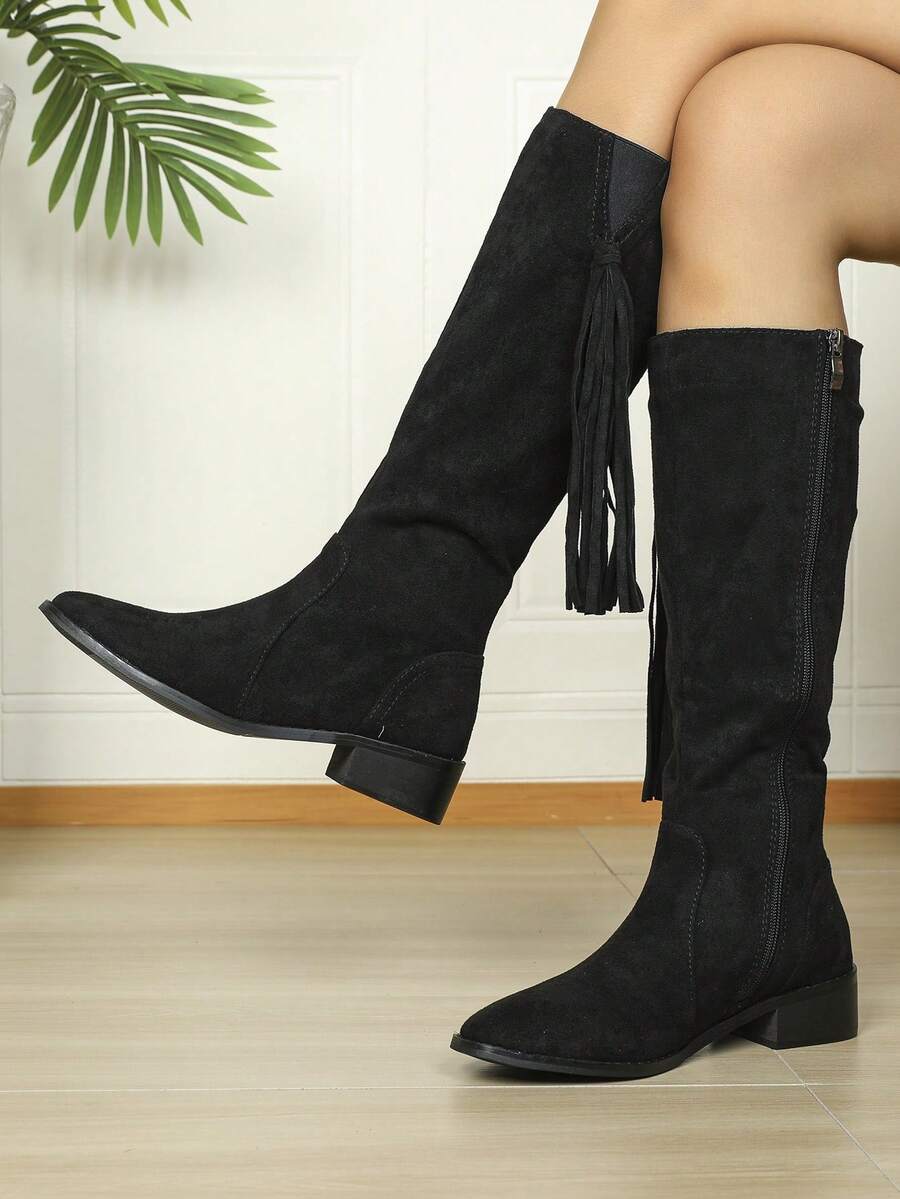 新品黑色，简约拉链内里，易穿，长腿，高跟，方圆头，中跟，粗跟，飘逸精梳女士时尚靴子 - 黑色 - 查看 1
