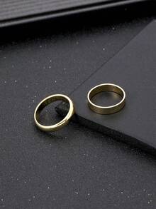 2 件套简约中性风格纯色弧形+扁平戒指套装，多种尺寸可选适合情侣、圣诞节、新年、情人节等节日礼物 - 金色 - 查看 2