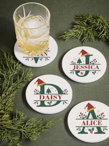 1个定制个性化圣诞字母造型陶瓷杯垫，吸水杯垫，可定制姓名和圣诞字母图案，适用于饮料、茶杯和咖啡杯，家居和餐厅装饰，节日礼物必备，圣诞装饰，时尚设计