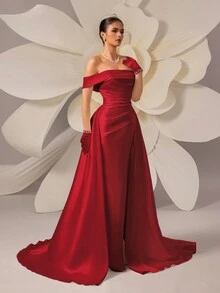 HEARBOBO 缎面露肩极简主义喇叭裙，纯色婚纱，适合情人节和春季穿着 - 紅色 - 查看 4