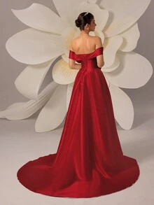 HEARBOBO 缎面露肩极简主义喇叭裙，纯色婚纱，适合情人节和春季穿着 - 紅色 - 查看 3