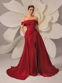 HEARBOBO 缎面露肩极简主义喇叭裙，纯色婚纱，适合情人节和春季穿着 - 紅色 - 查看 5