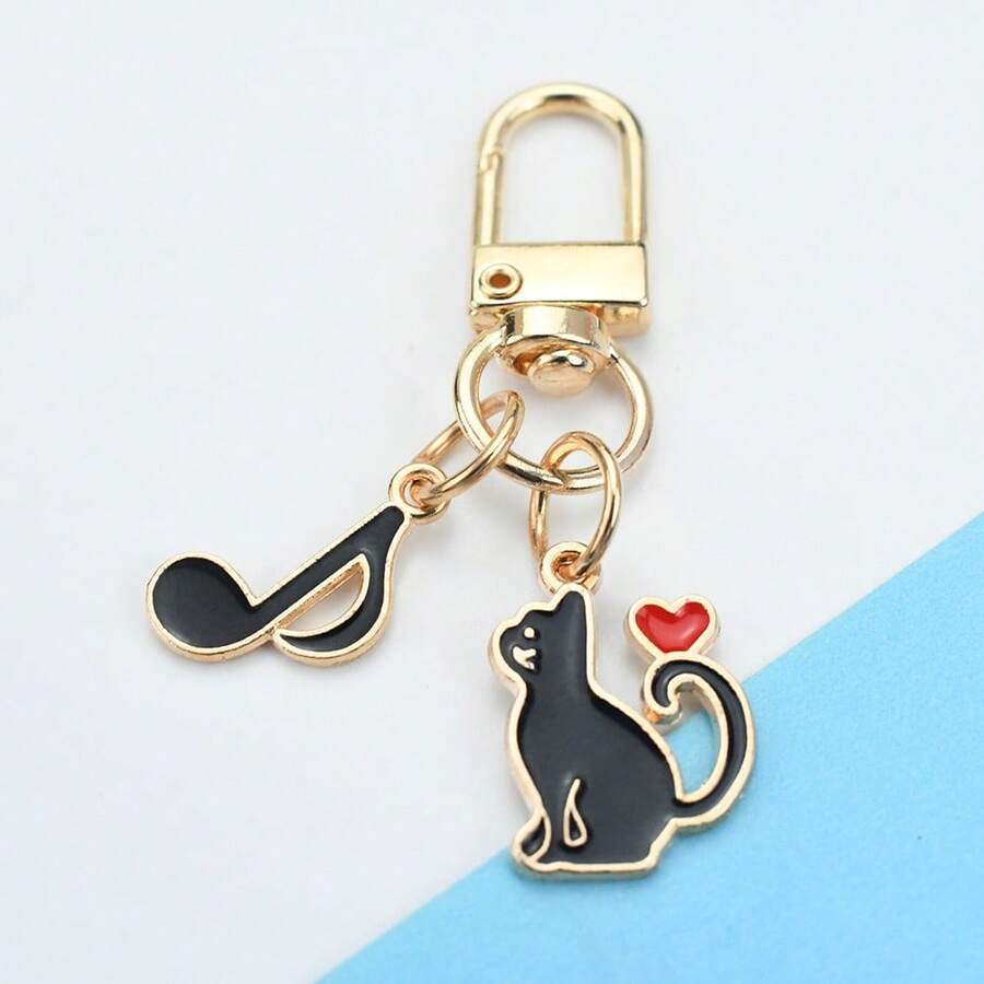 1 móc khóa hình nốt nhạc và mèo đen hình trái tim, trang trí đuôi trái tim theo phong cách hoạt hình, mặt dây chuyền móc khóa làm quà tặng ngày lễ, phụ kiện hàng ngày cho chìa khóa ô tô và điện thoại - màu đen - Xem 1