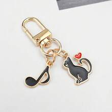 1 móc khóa hình nốt nhạc và mèo đen hình trái tim, trang trí đuôi trái tim theo phong cách hoạt hình, mặt dây chuyền móc khóa làm quà tặng ngày lễ, phụ kiện hàng ngày cho chìa khóa ô tô và điện thoại - màu đen - Xem 2