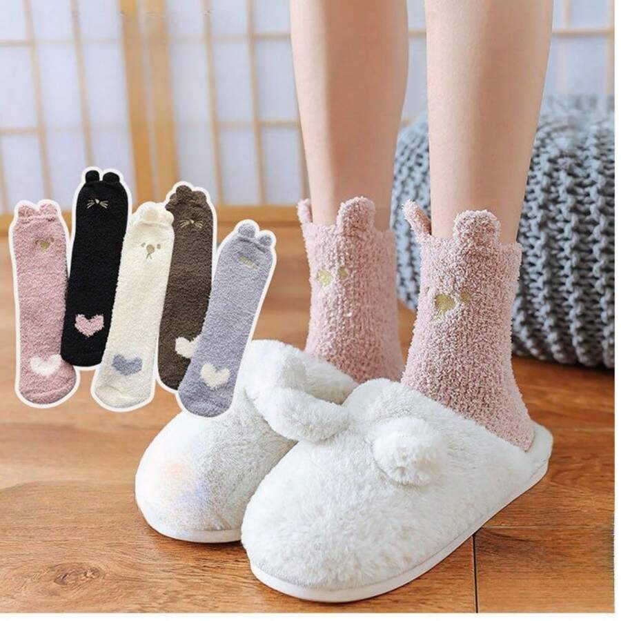2 Pairs Cartoon Thick Warm Fluffy Socks For Women, Mid-Calf, Suitable For Autumn/Winter, Indoor, Sleeping, Japanese Style