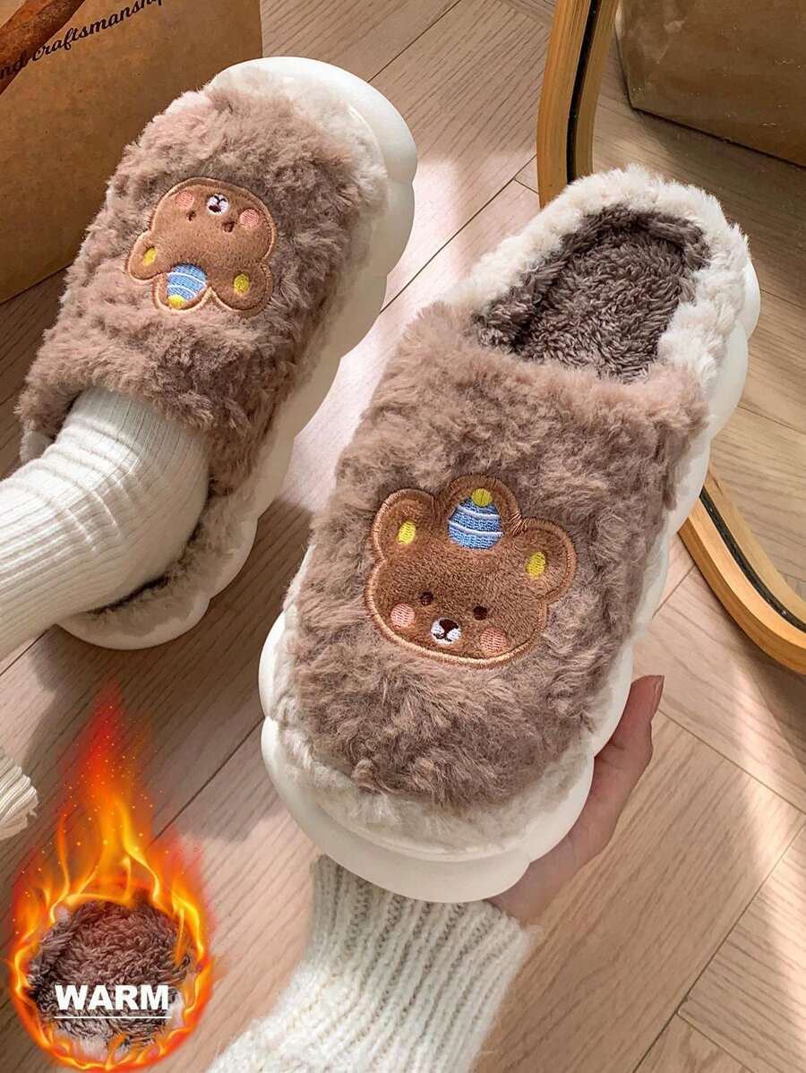 2024 Women Warm Fuzzy Slippers, Cute Bear Decor, Round Toe, Flat Heel, Elegant Lady House Shoes, Pink, Minimalist, Suitable For Autumn/Winter Casual Daily Wear