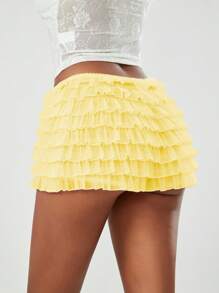 Women's Summer Ruffled Frilly Shorts, Multi-Layer Mesh Short Pants Sweet Cute Bloomers - Yellow - View 8