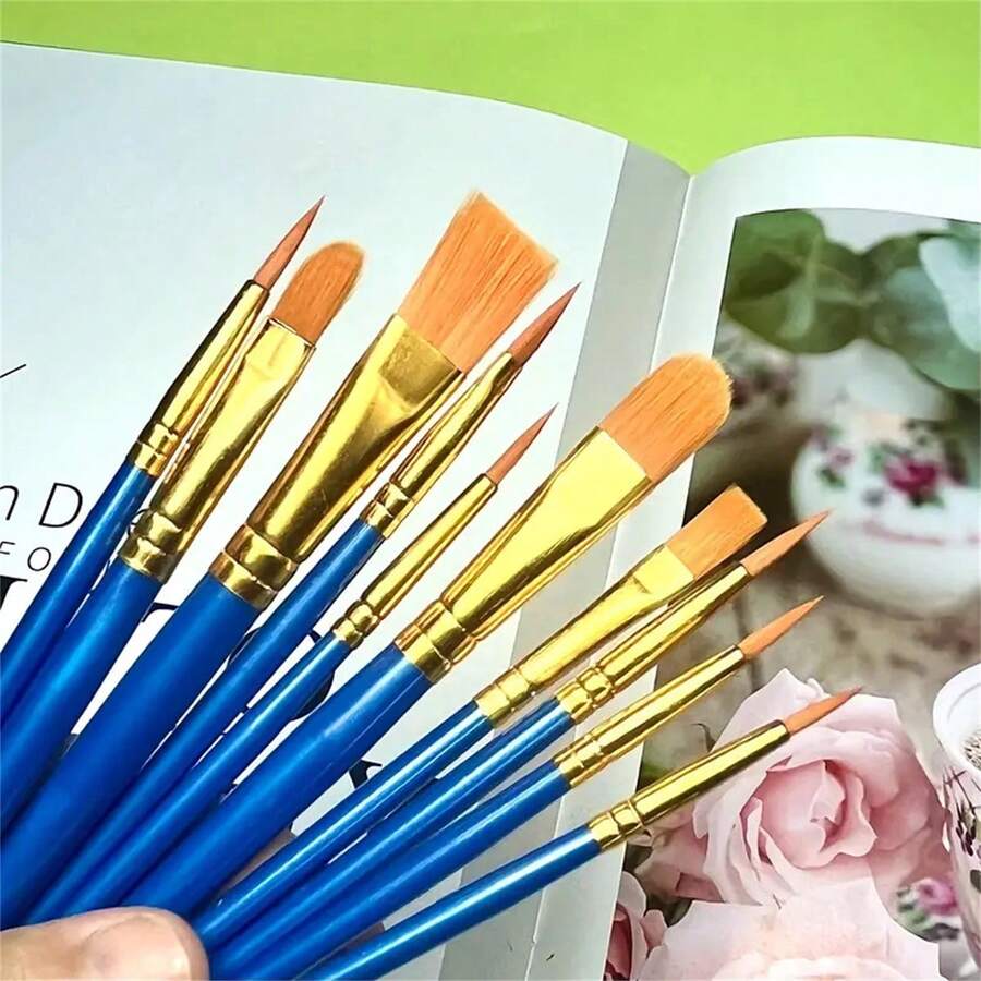 10 件套可水洗画笔套装，适用于丙烯画、水粉画和油画 - 塑料手柄 - 彩色 - 查看 1