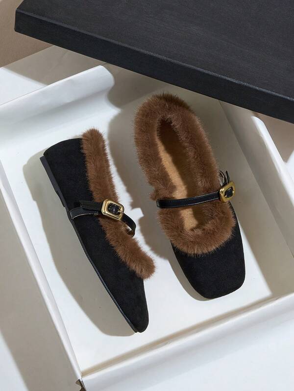 Mocassins femininos de camurça macia com forro de pele, mocassins planos com forro térmico quente, sapatos casuais para ambientes internos com pele de coelho espessada
