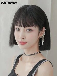 NAMM 深棕色波波头假发 女士短直发假发 带刘海 自然造型合成纤维可爱假发 适合女孩日常派对使用 12 英寸/30 厘米 - Dark Brown - 查看 1