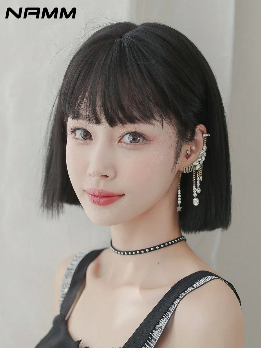 NAMM 深棕色波波头假发 女士短直发假发 带刘海 自然造型合成纤维可爱假发 适合女孩日常派对使用 12 英寸/30 厘米 - Dark Brown - 查看 1