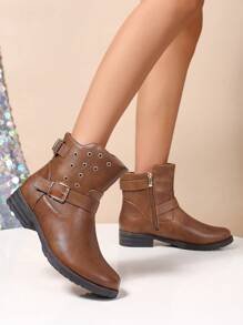 女士休闲侧拉链带铆钉粗跟圆头切尔西靴，舒适百搭通勤秋冬时尚 - 棕色 - 查看 4
