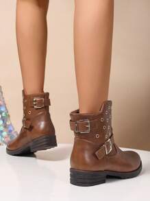 女士休闲侧拉链带铆钉粗跟圆头切尔西靴，舒适百搭通勤秋冬时尚 - 棕色 - 查看 6