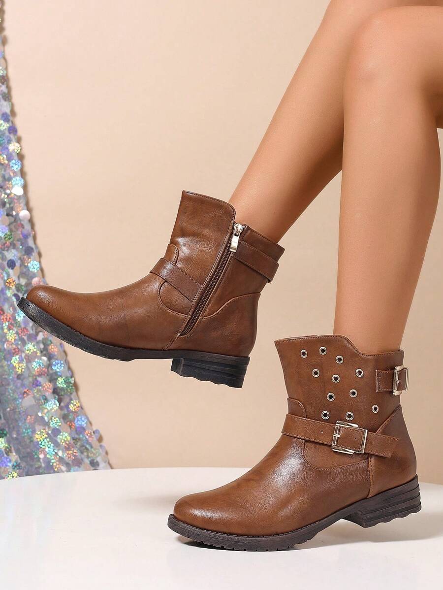 女士休闲侧拉链带铆钉粗跟圆头切尔西靴，舒适百搭通勤秋冬时尚 - 棕色 - 查看 1
